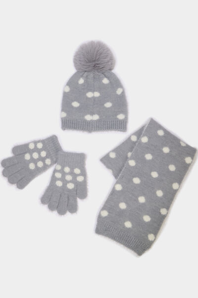 Ensemble &eacute;charpe, bonnet pompon et gants gris fille
