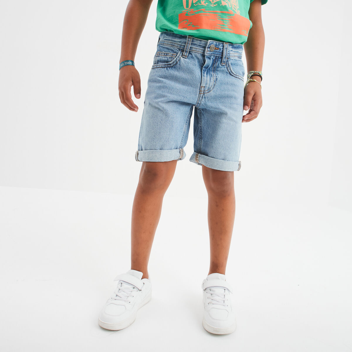 Bermuda jean straight taille &eacute;lastique denim triple stone gar&ccedil;on