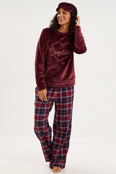 Ensemble pyjama effet polaire 3 pi&egrave;ces bordeaux femme
