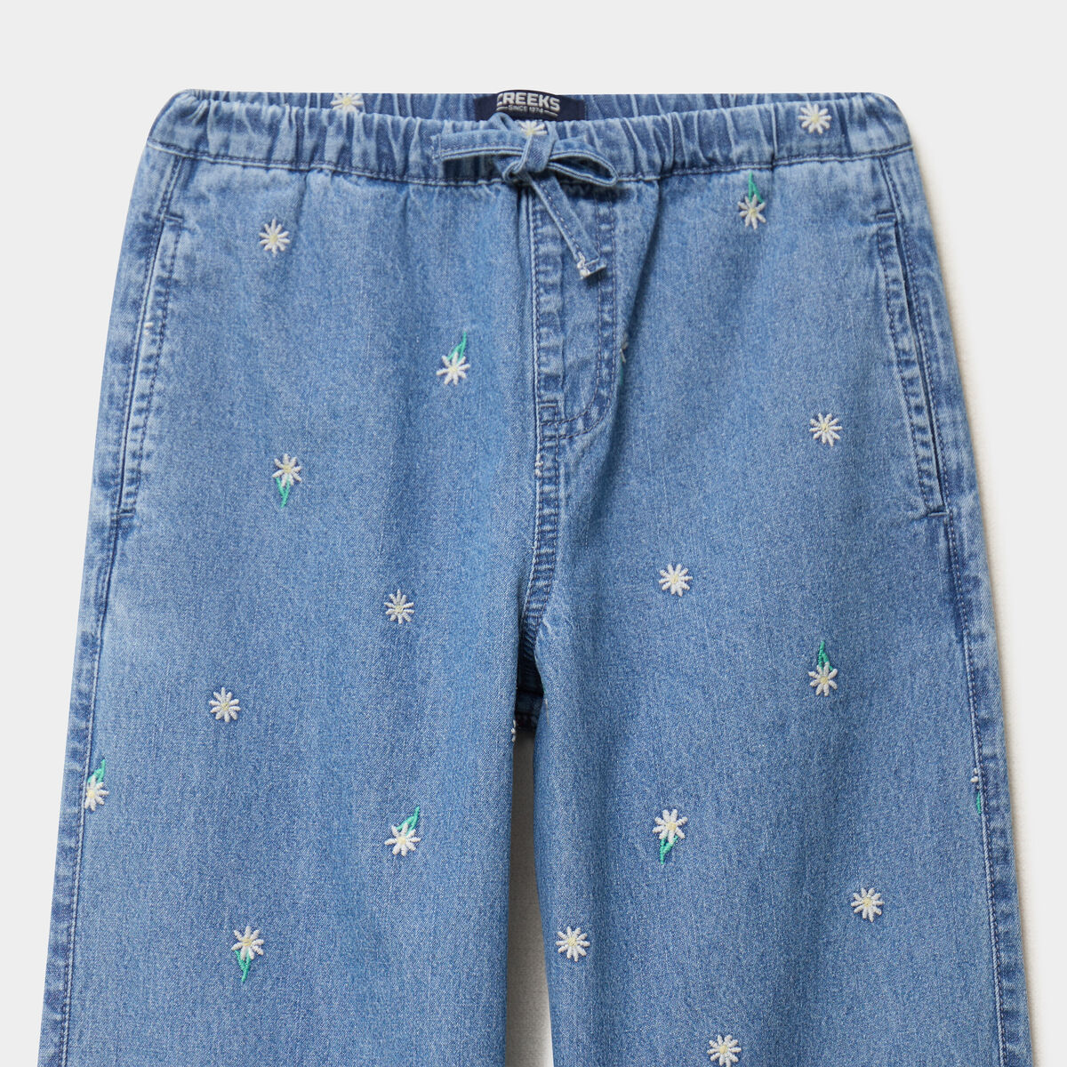 Jean large brod&eacute; taille &eacute;lastiqu&eacute;e denim double stone fille