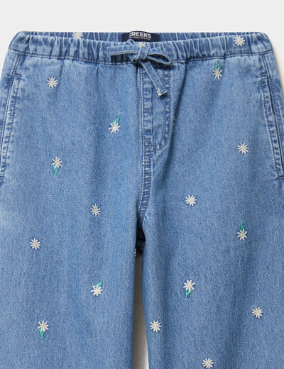 Jean large brod&eacute; taille &eacute;lastiqu&eacute;e denim double stone fille