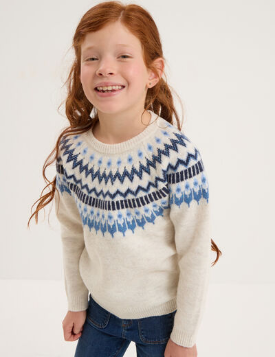 Pull jacquard col rond manches longues ecru fille