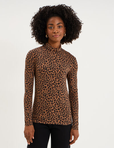T-shirt col roul&eacute; manches longues camel femme