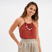 Blouse col bijoux amovible marron cognac femme