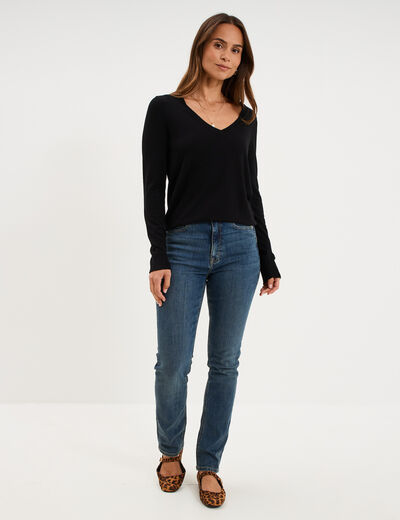 Pull col en V manches longues noir femme