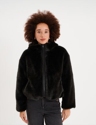 Parka r&eacute;versible capuche fausse fourrure noir femme