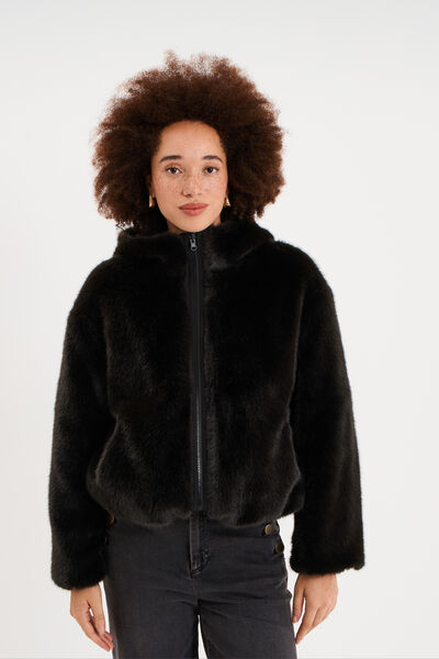 Parka r&eacute;versible capuche fausse fourrure noir femme