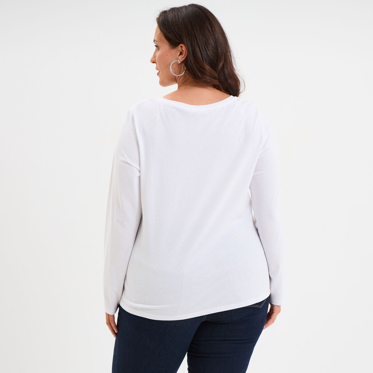 T-shirt col en V manches longues coton blanc femme grande taille