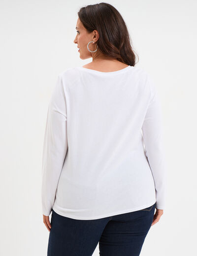 T-shirt col en V manches longues coton blanc femme grande taille