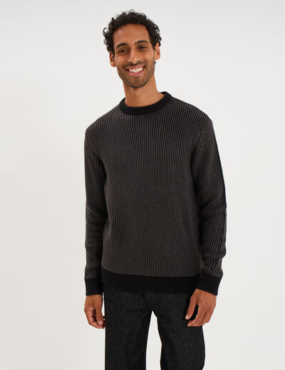 Pull c&ocirc;tel&eacute; col rond manches longues noir homme
