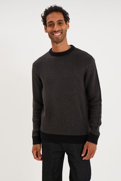 Pull c&ocirc;tel&eacute; col rond manches longues noir homme