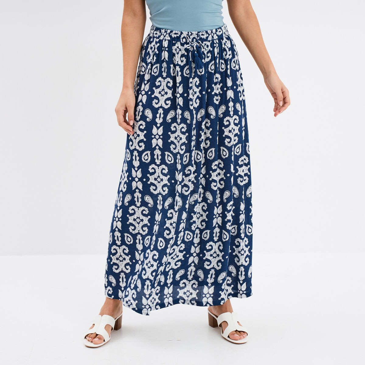 Jupe longue fluide cr&eacute;pon bleu marine femme