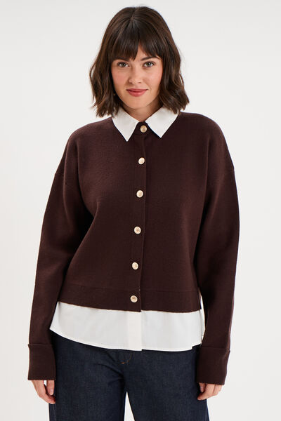 Cardigan 2 en 1 bi-mati&egrave;re boutonn&eacute; marron fonc&eacute; femme