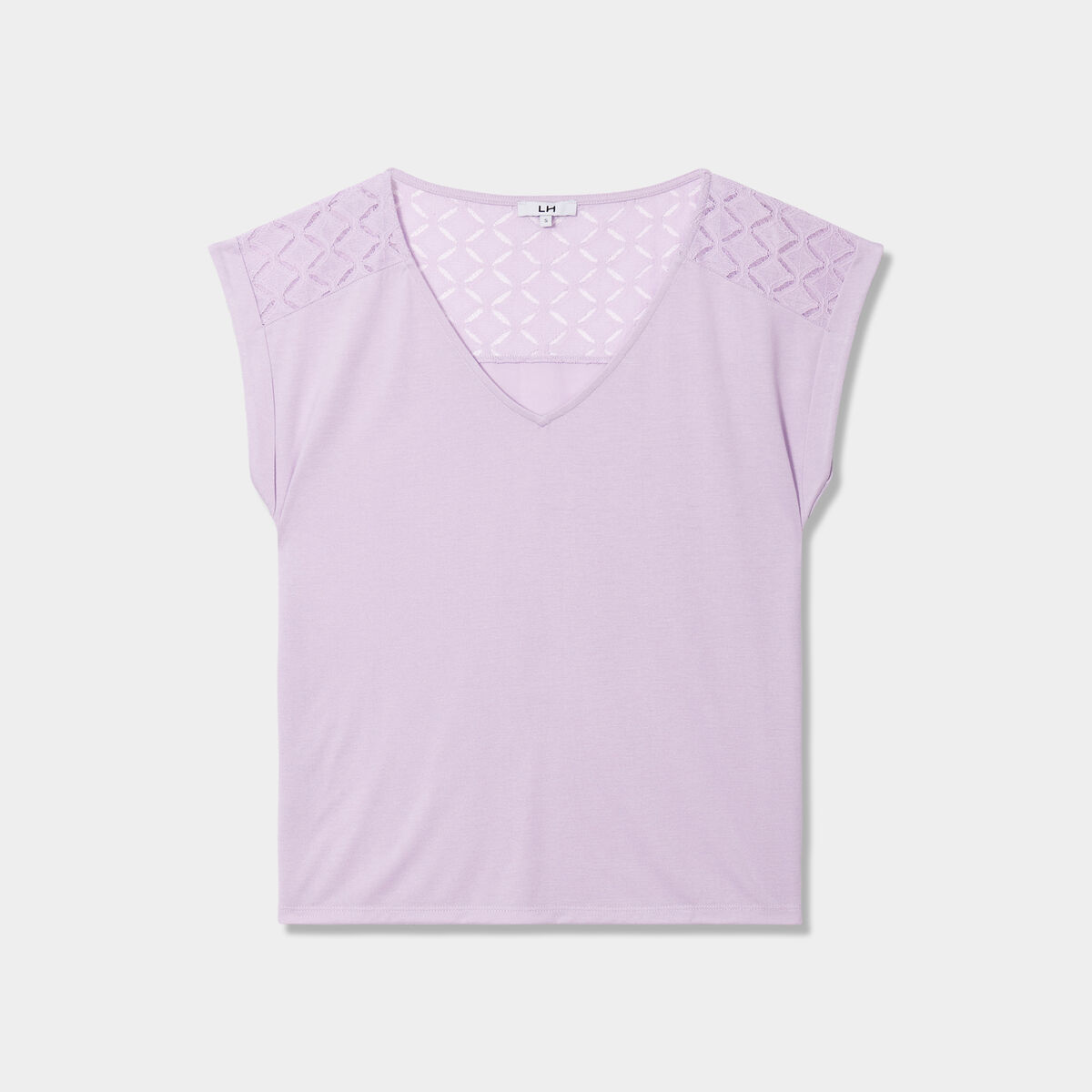 T-shirt col en V dentelle épaules et dos violet clair femme