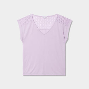 t shirt col en v dentelle epaules et dos violet clair femme T-shirt col en V dentelle épaules et dos violet clair femme