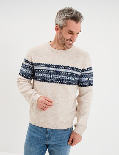 Pull jacquard col rond manches longues beige homme