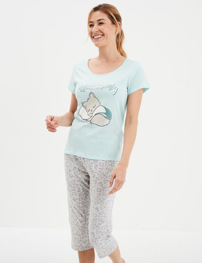Ensemble pyjama corsaire 2 pièces coton bleu turquoise femme