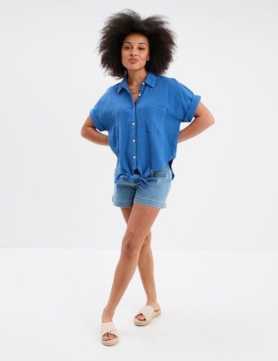 Chemise nouée manches courtes gaze coton bleu foncé femme