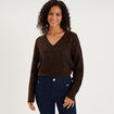 Pull droit &agrave; sequins et col en V marron fonc&eacute; femme