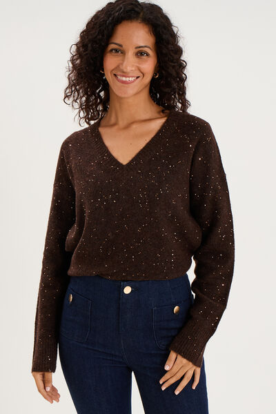 Pull droit &agrave; sequins et col en V marron fonc&eacute; femme