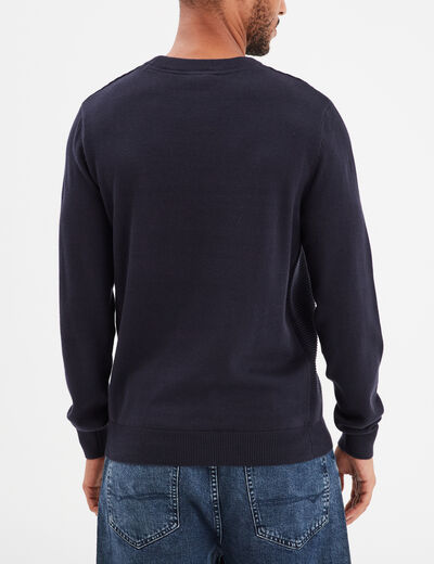 Pull col rond coton manches longues bleu foncé homme