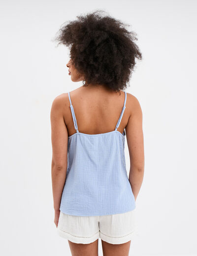 Haut de pyjama débardeur gaze de coton bleu ciel femme