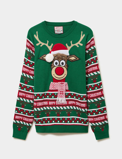 Pull de No&euml;l avec pompon vert homme