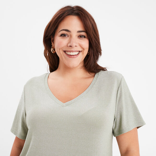 T-shirt col en V fils métallisés vert clair femme grande taille