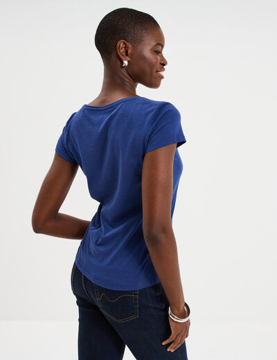 T-shirt coton col rond manches courtes bleu marine femme
