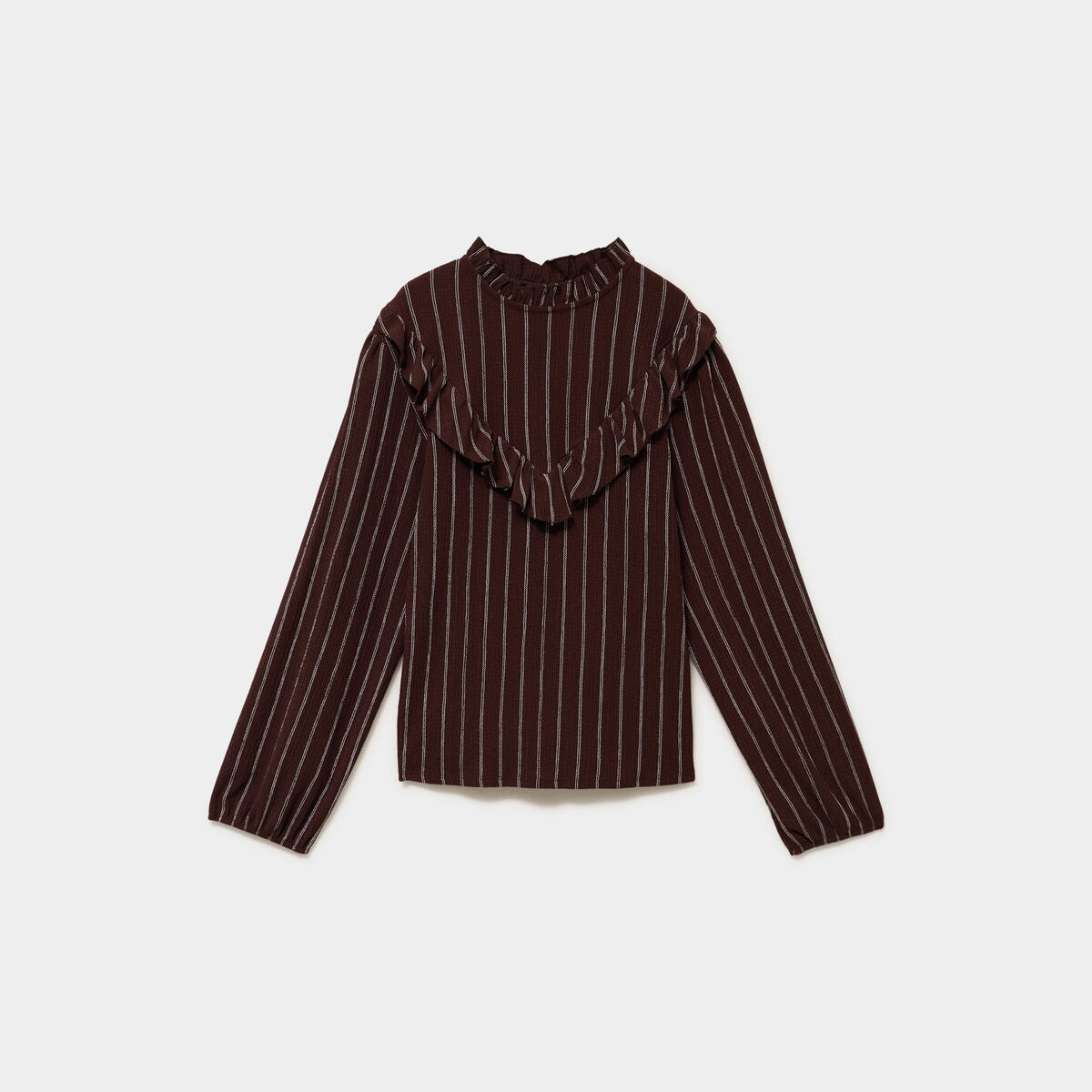 Blouse col montant &agrave; volants marron fonc&eacute; femme
