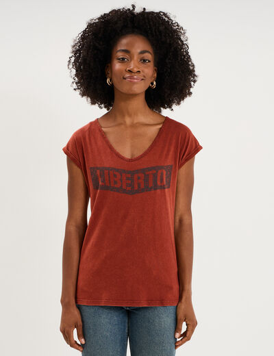 T-shirt d&eacute;lav&eacute; en coton marron femme