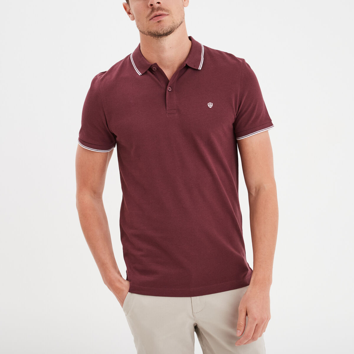 Polo manches courtes bords contrastés prune homme