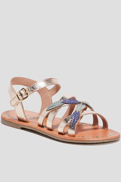 Sandales en cuir avec bride d'attache jaune or fille