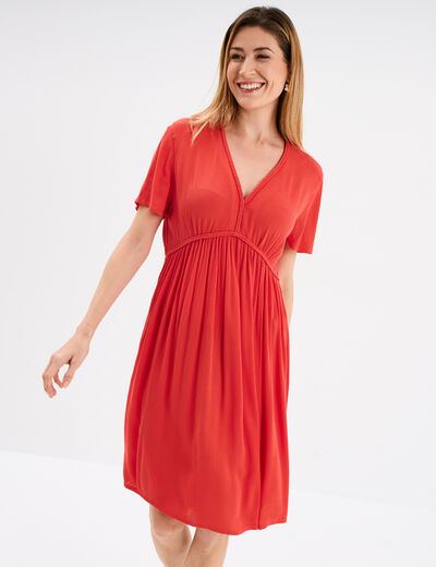 Robe col en V détails tressés rouge femme