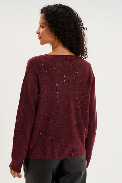 Pull droit &agrave; sequins et col en V prune femme
