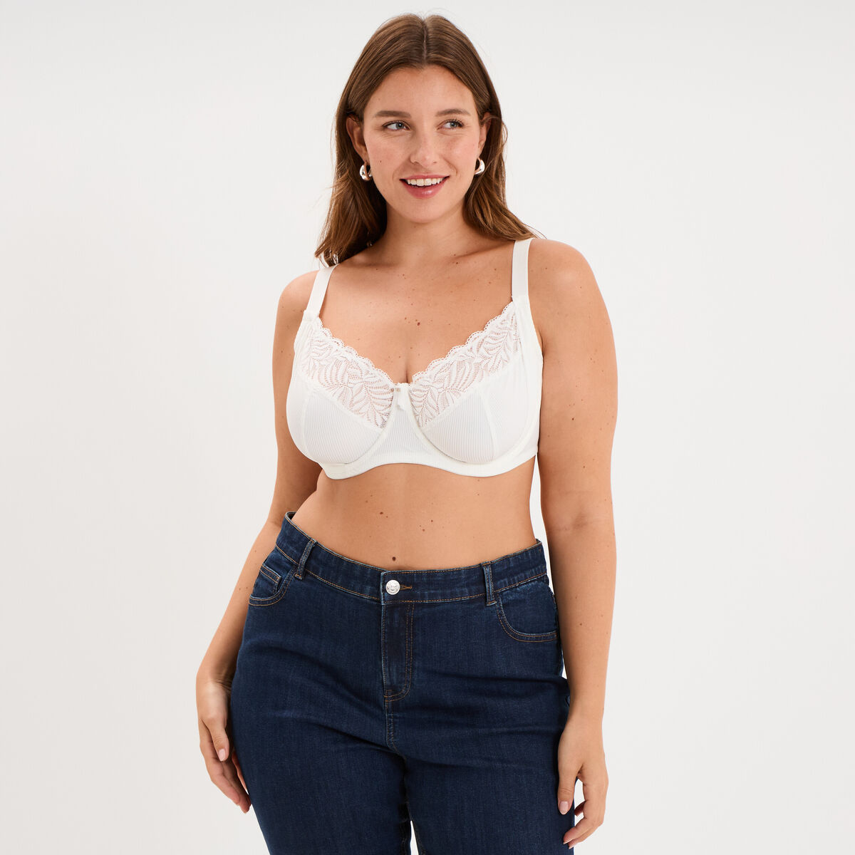Soutien-gorge dentelle embo&icirc;tant c&ocirc;tel&eacute; blanc femme grande taille