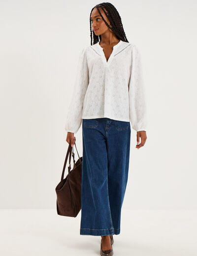 Blouse broderie anglaise manches longues blanc femme