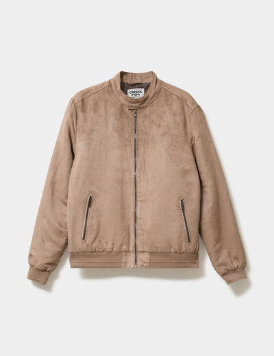 Blouson col biker en su&eacute;dine zipp&eacute; taupe homme