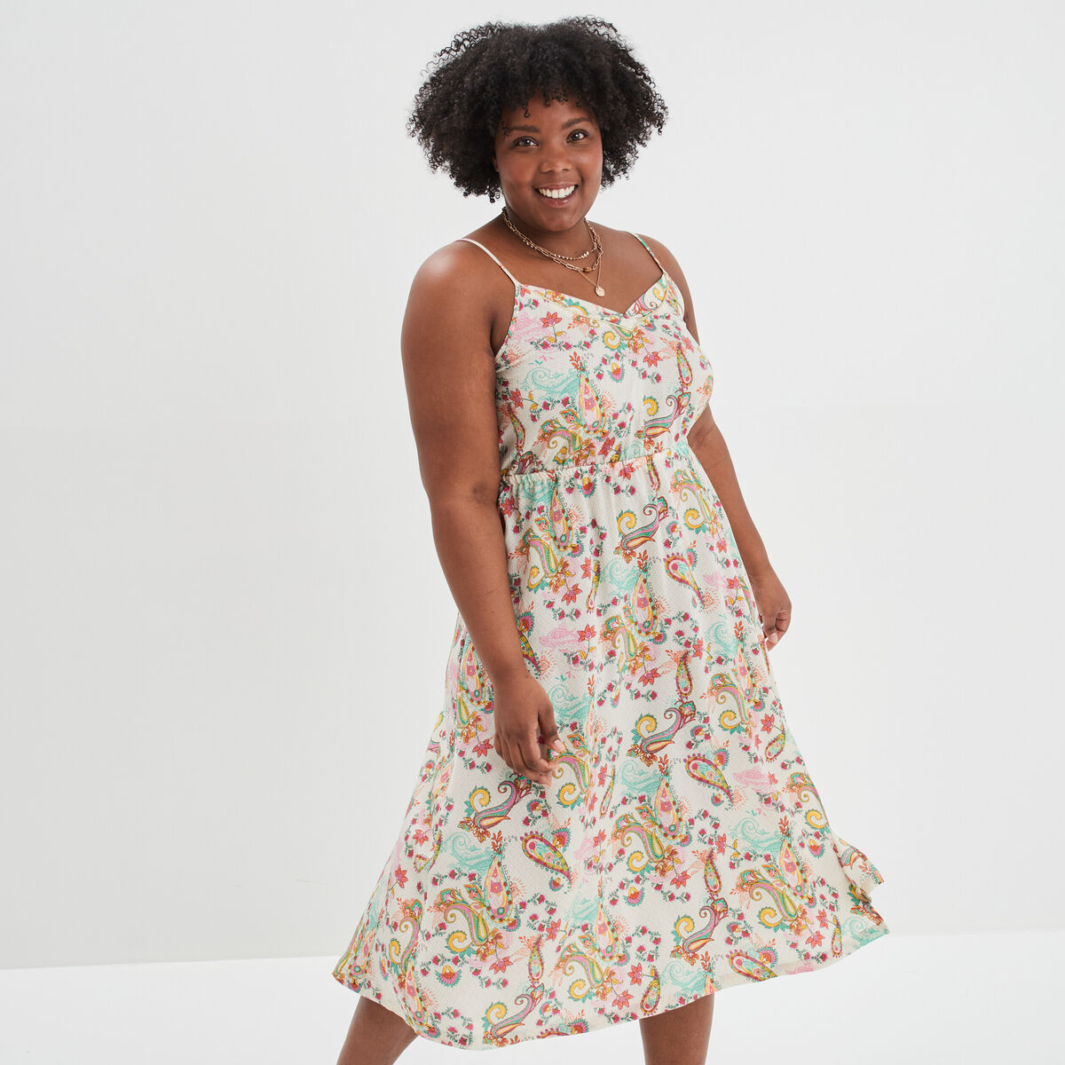 Robe cintr&eacute;e &agrave; bretelles ecru femme grande taille
