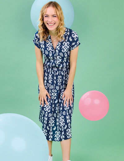Robe midi col tunisien bleu marine femme