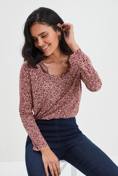 T-shirt manches longues à revers bordeaux femme