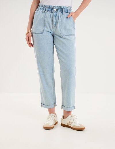 Jean paperbag cropped taille &eacute;lastiqu&eacute;e denim triple stone femme