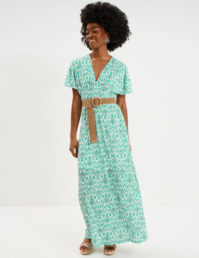 Robe longue gaufr&eacute;e manches courtes ecru femme
