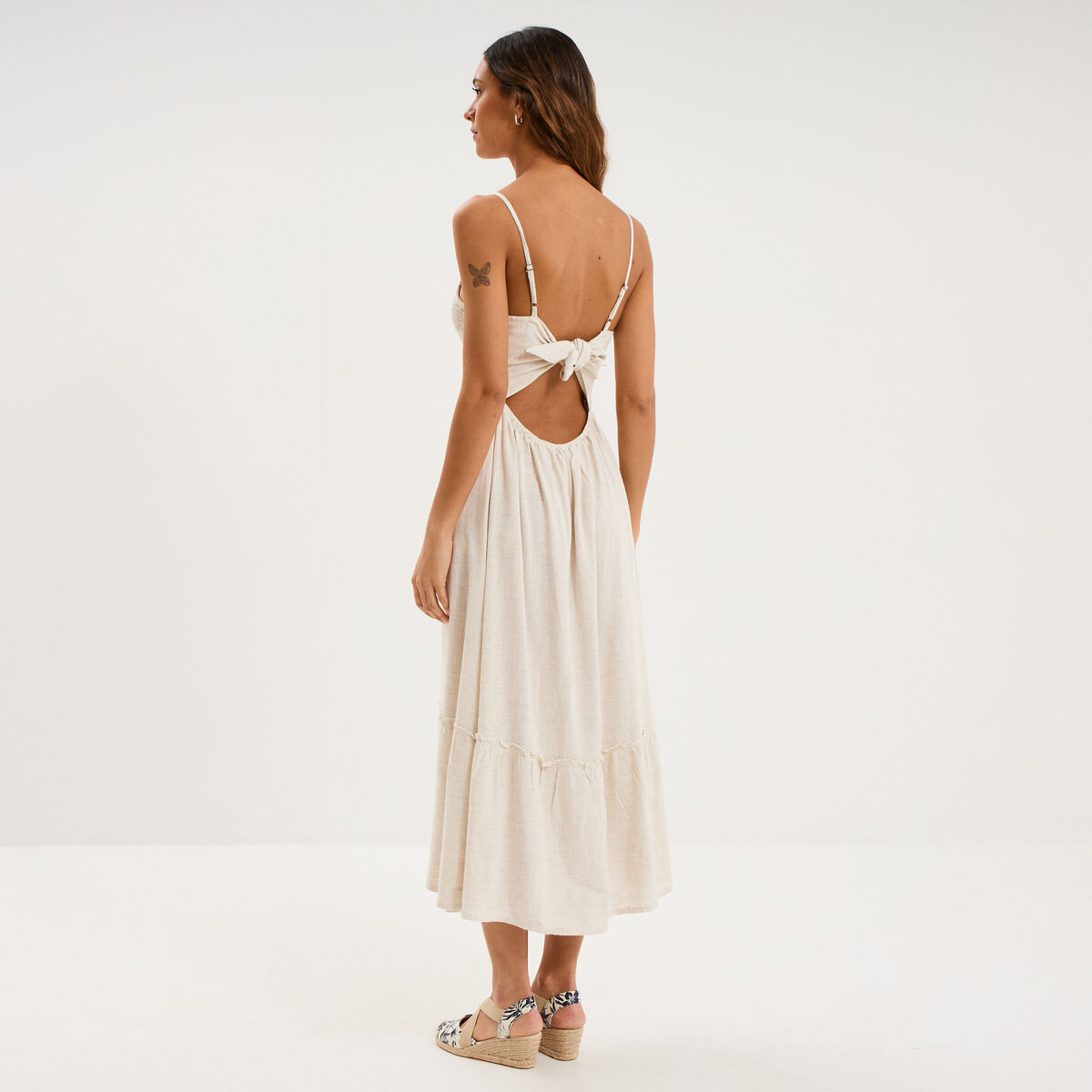Robe longue buste smock&eacute; lin m&eacute;lang&eacute; beige femme