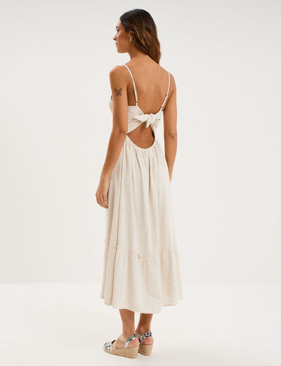 Robe longue buste smock&eacute; lin m&eacute;lang&eacute; beige femme