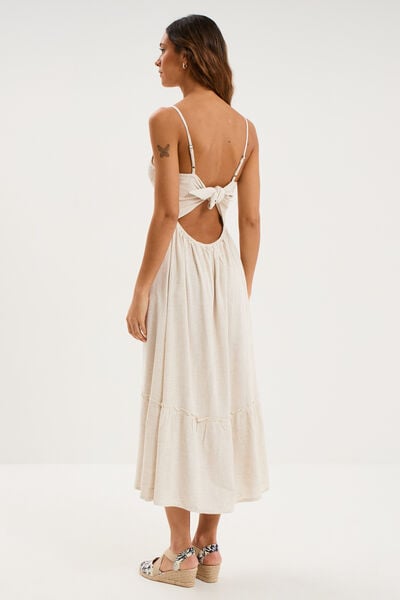 Robe longue buste smock&eacute; lin m&eacute;lang&eacute; beige femme