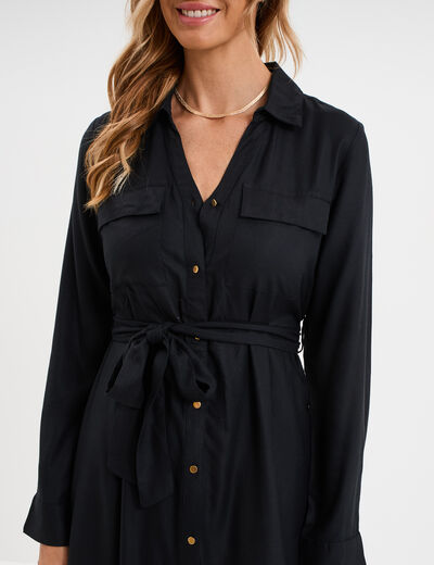 Robe chemise longue ceintur&eacute;e noir femme