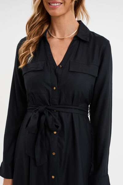 Robe chemise longue ceintur&eacute;e noir femme