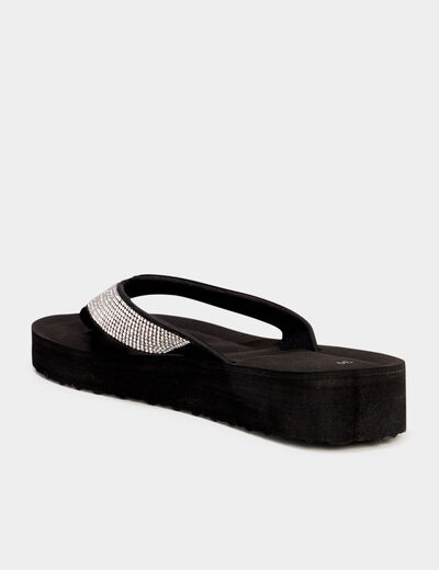 Tongs compens&eacute;es &agrave; strass noir femme