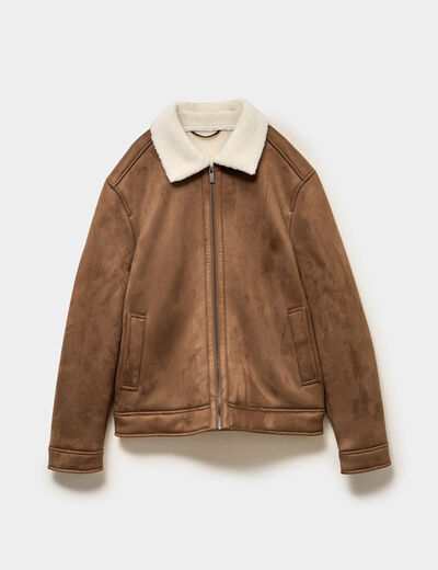 Veste bomber effet su&eacute;dine col aviateur marron homme
